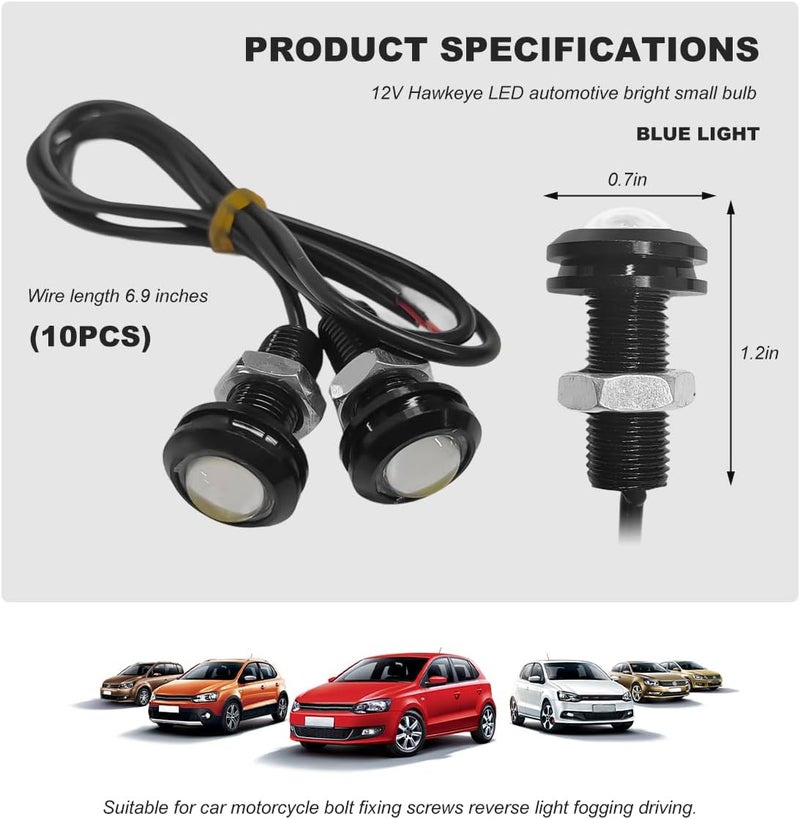 YTFRL 10 قطع 18 مم أضواء LED عين النسر، 12 فولت أضواء تشغيل نهارية رفيعة للغاية، أضواء ضباب LED صغيرة مقاومة للماء لمصابيح الذيل العكسية للسيارات والشاحنات والدراجات النارية (زرقاء) - Image 2